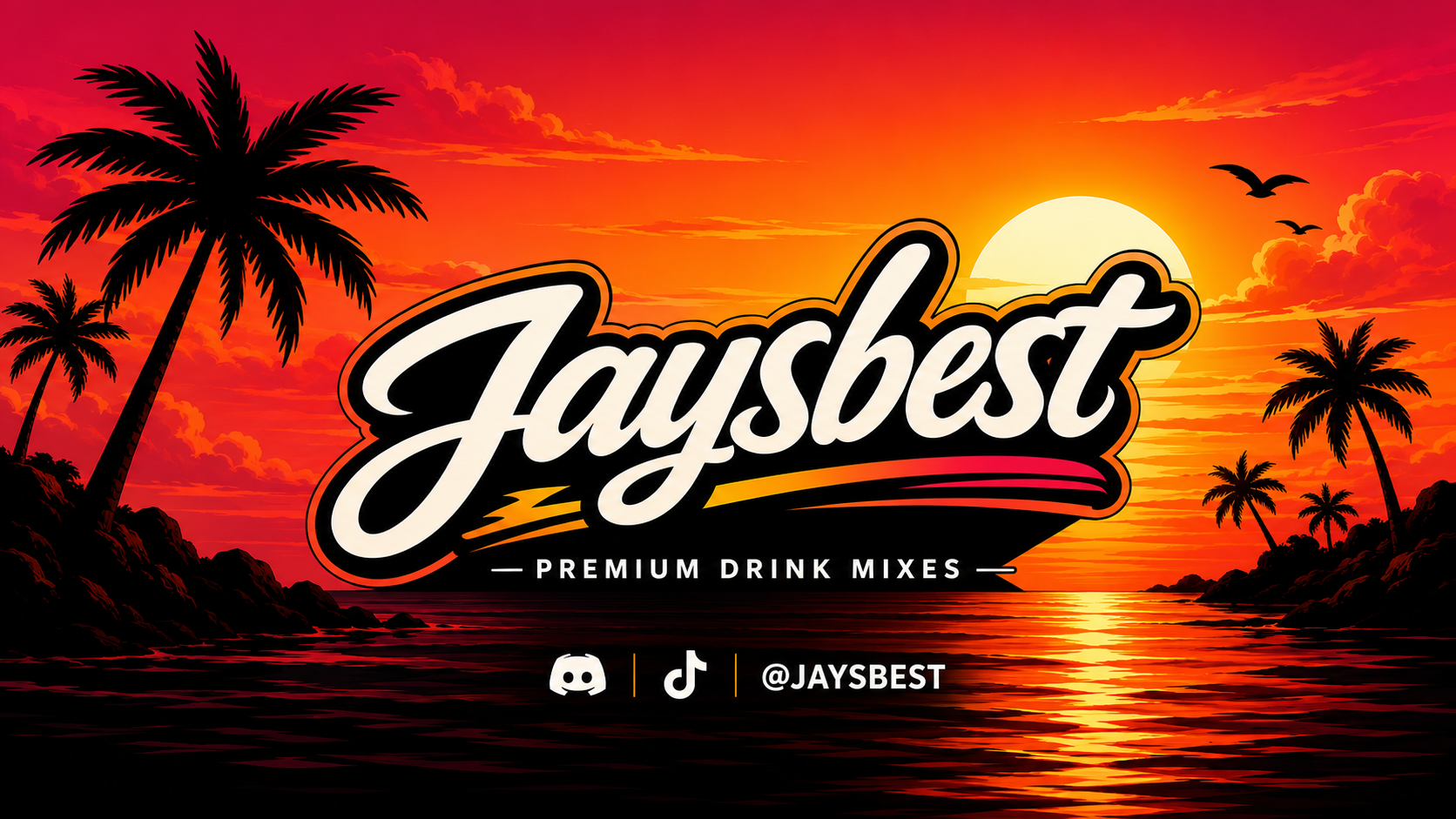 Jaysbest Premium Drink Mixes logo over a vibrant island sunset